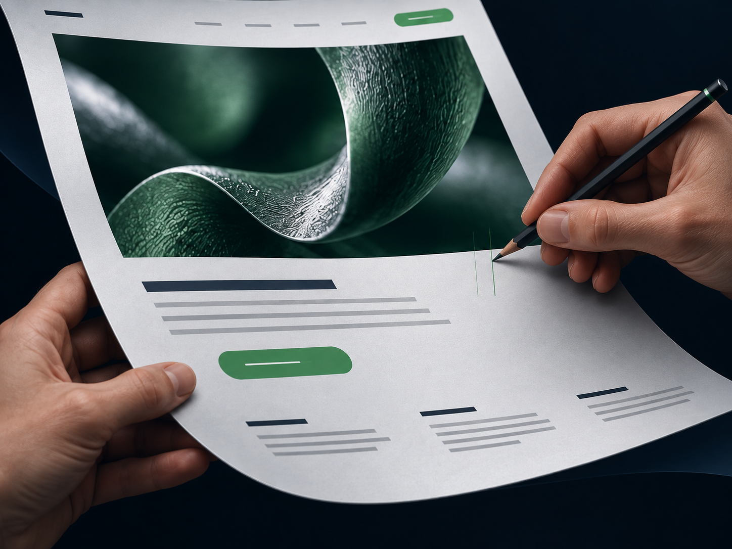 Contact Us 6 One hand steadies a curved website design while another marks a precise alignment beside its image and content.