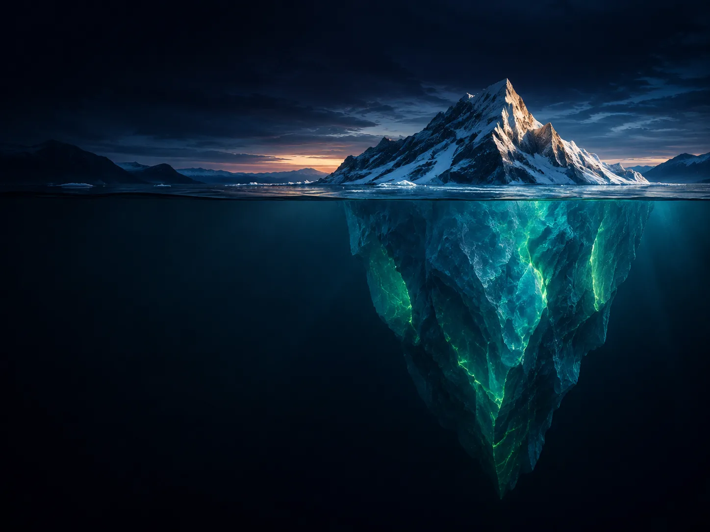 ScrollMeta™ 6 An iceberg reveals its deeper structure beneath a calm ocean surface.