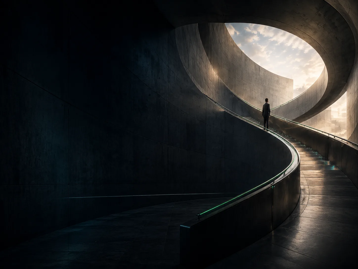 ScrollMeta™ 7 A sculptural staircase forms a clear path through an open architectural space.