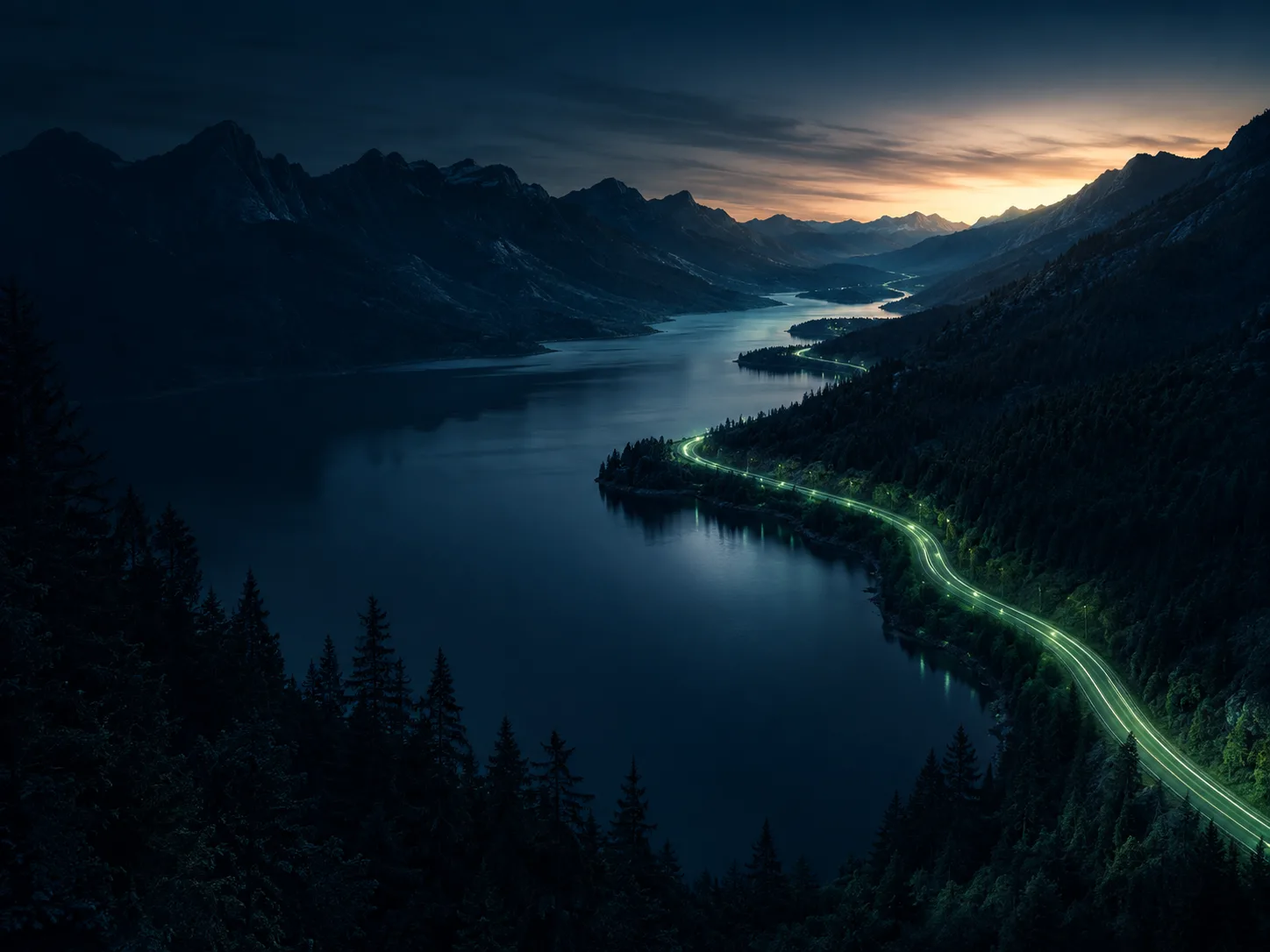 ScrollMeta™ 9 A continuous illuminated route connects a broad mountain landscape at dusk.